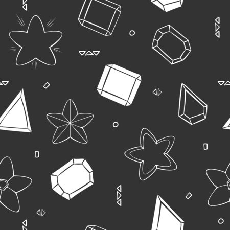 Hand drawn vector seamless pattern with crystals and stars. White on blackboard.のイラスト素材
