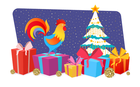 Cute colorful cartoon rooster, symbol 2017 year by eastern calendar with a many gifts. Christmas and New Year Greeting card design. Vector horizontal illustration.のイラスト素材