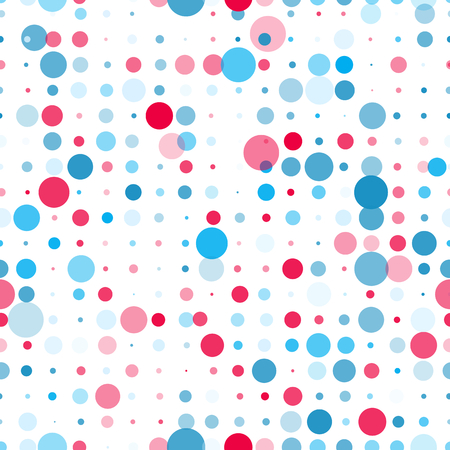 A Vector seamless pattern with different size polka dots in blue and red colors on white background. Backdrop for scrap booking, textile, cards. Fun repeating texture.のイラスト素材