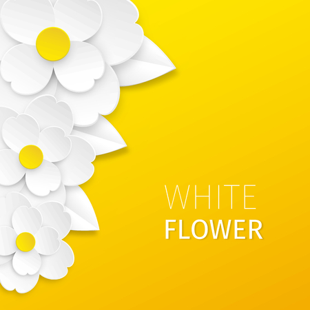 Three white cutout paper flowers with leaves on bright yellow background. Vector cheerful greeting card.のイラスト素材