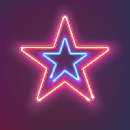 Two shining neon stars with warm and cold light. Mysterious bright sign board for your design. Vector illustration.のイラスト素材
