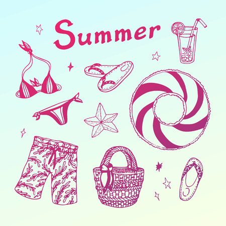 Summer beach party doodle set. Vector hand drawn illustration on light gradient background for your design.のイラスト素材