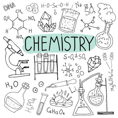 Chemistry doodles. Hand drawn science background. Back to school illustration.のイラスト素材