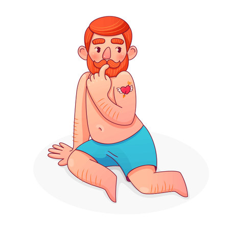 Ginger shirtless man in boxers. Pin-up male with vintage tatto. Cartoon vector illustration white background.のイラスト素材