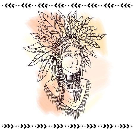 American indian in headdresses. Lineart vector illustration.のイラスト素材