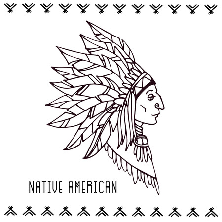 American indian in war bonnets. Linear vector illustration on white background.のイラスト素材