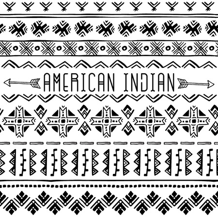 Set of Native American seamless borders. Geometric ornament. Tribal background texture. Vector boho illustration on white background.のイラスト素材