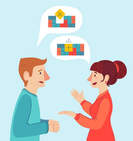 The psychologist and the client. Psychotherapy. Vector illustration. Man and woman talking to find the solution.のイラスト素材