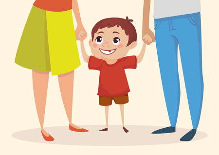 Little happy boy is holding hands with parents and looking up. Vector illustration.のイラスト素材