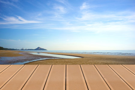 Wooden top table on the beachの写真素材