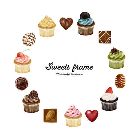 Colorful sweets frame watercolor style illustrationのイラスト素材