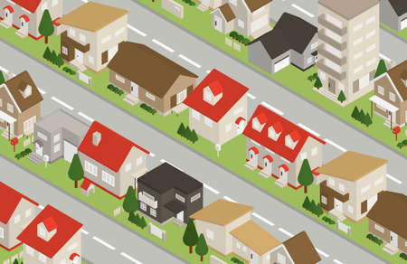 Scenery where you can see various houses Cityscape isometric illustrationのイラスト素材