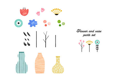 Various flower and vase parts set watercolor vector illustrationのイラスト素材