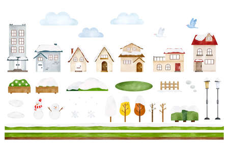 Winter cityscape motif set watercolor style illustrationのイラスト素材