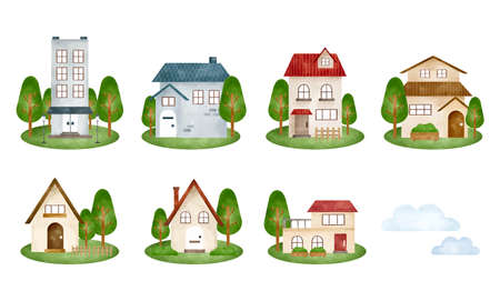 Summer building set watercolor style illustrationのイラスト素材