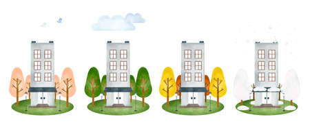Spring, summer, autumn and winter scenery and buildings watercolor style illustration