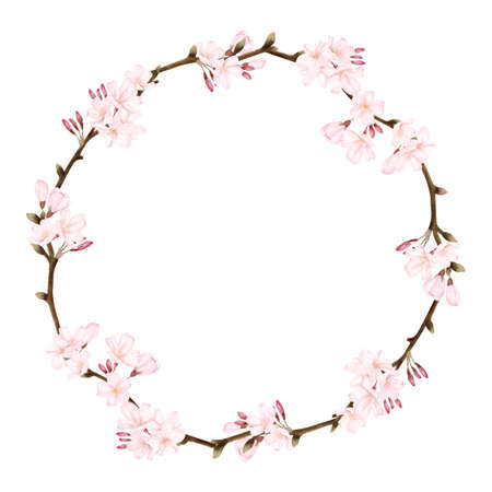 Frame of cherry blossoms and petals Watercolor style illustrationのイラスト素材