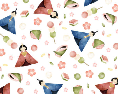 Hinamatsuri motif set watercolor style illustrationのイラスト素材