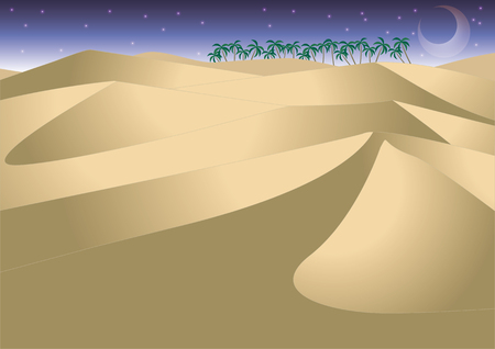 Desert and Oasis with crescent moon Vector illustration.のイラスト素材