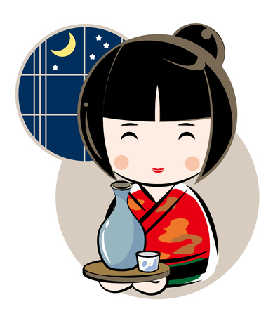 Japanese sake and woman.のイラスト素材