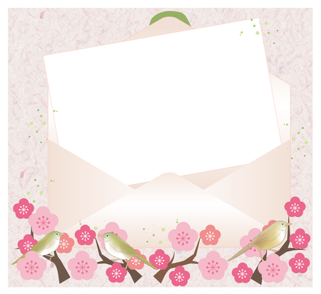 Open envelope and letter paper-Japanese Nightingale and ume treeのイラスト素材