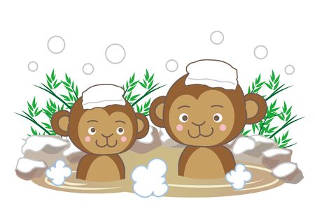 Monkeys Enjoying Themselves in Hot Springs in the Snow.のイラスト素材