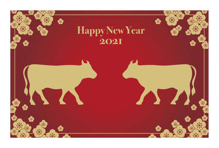 2021 New Year's card template horizontal type -Zodiac cow designのイラスト素材