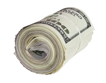 Folded bunch of one hundred American dollar bills isolated on white backgroundの写真素材