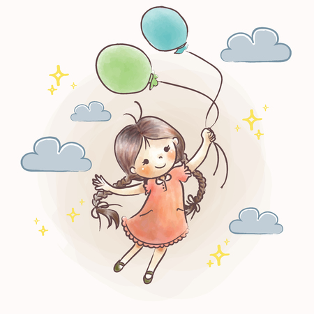 Little Girl Flying Holding Balloonのイラスト素材