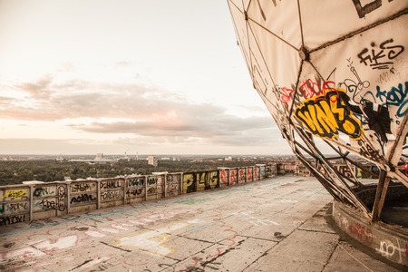 Sunset at the Berlin's Teufelsberg. Looks like an industry ruin. An old US listening station in West Berlin. Great place for parties and graffiti. Awesome view during sunset.のeditorial素材