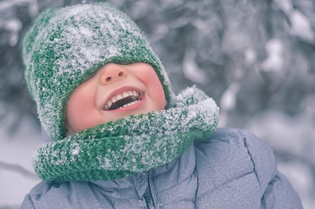 the boy in a cap and mittens keeps an icy branch in the winter woodの写真素材