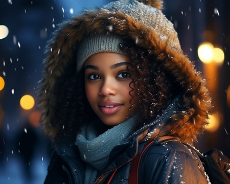 Portrait of a young beautiful Afro-American girl in a hat in a winter night cityの素材