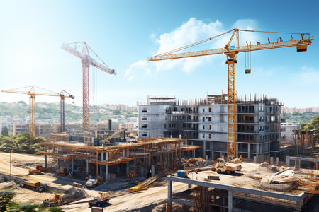 high-rise cranes and construction equipment on the construction of high-rise buildingsの素材