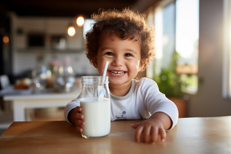 A handsome 4 year old smiling boy is sitting at the table with a glass of milkの素材