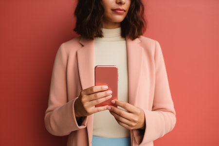 photo in pink tones, woman holding a smartphone in her handsの素材