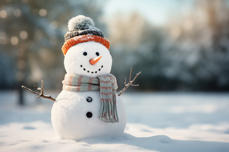 Winter snowman with a hat standing on snow in the forestの素材