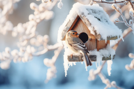 tit near the birdhouse on a frosty sunny dayの素材