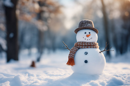 Winter snowman with a hat standing on snow in the forestの素材