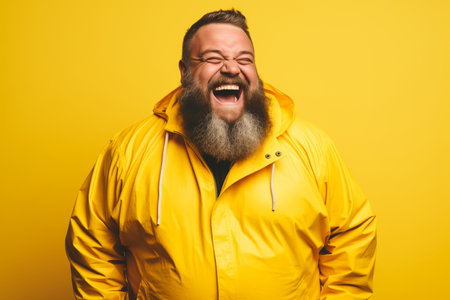 Fat bearded man in yellow clothes smiling on yellow backgroundの素材