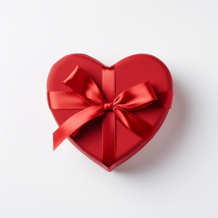 Red gift box in the shape of a heart with a red ribbon on a white backgroundの素材
