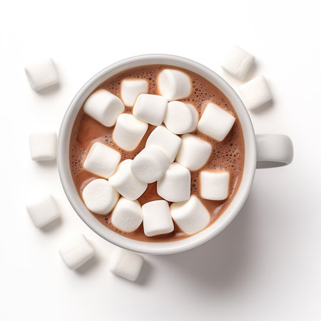 Cup of hot chocolate with marshmallows on white background, top viewの素材