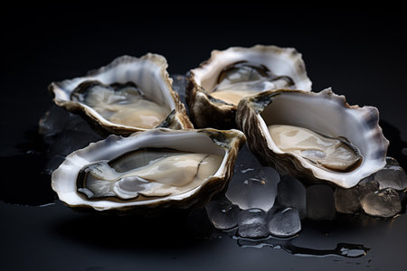 fresh oysters on ice on a dark backgroundの素材