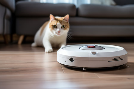 the cat lies on the floor next to the white robot vacuum cleanerの素材