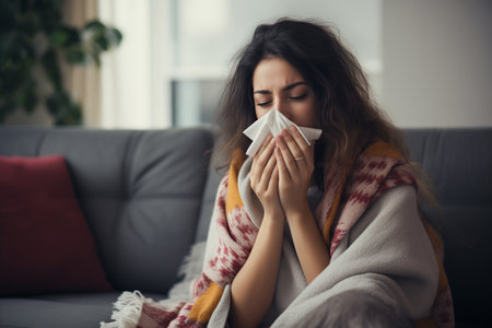 girl with a cold or allergy blows her nose into a handkerchiefの素材