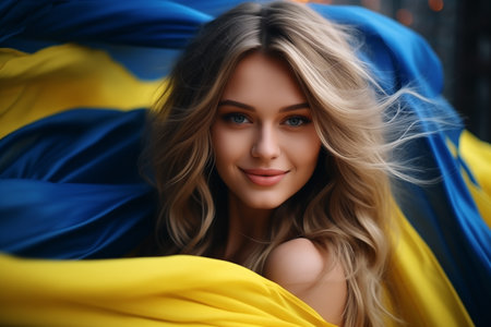 beautiful young girl wrapped in the flag of ukraine in the cityの素材