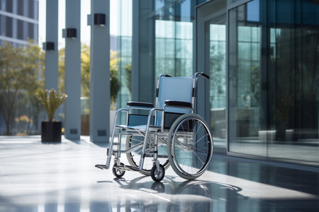 empty wheelchair on the background of a modern hospital buildingの素材