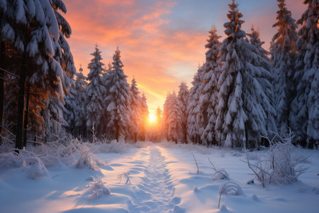 path in a snowy forest at sunsetの素材