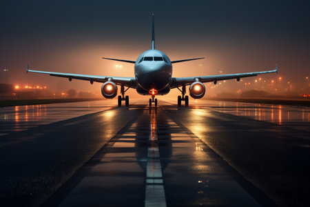 airplane on the airport runway at sunsetの素材