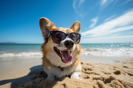 corgi dog with glasses resting on the beachの素材