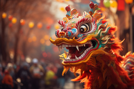 a traditional Chinese dragon dances the dragon dance at the Chinese New Year festivalの素材